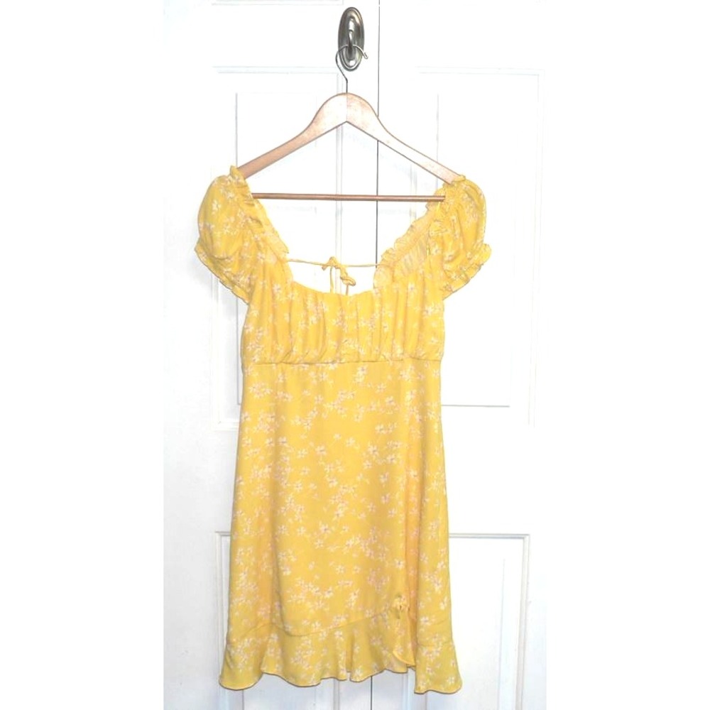 Sophie Rue Women's Floral Short Puff Sleeve Button Tie Back Mini Dress Yellow SM